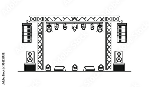 A detailed illustration of a stage setup with speakers and lighting equipment for concert or event production