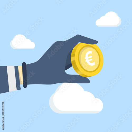Flat vector illustration of hand in black glove holding euro symbol, money theft concept, financial fraud and business loss, crime and economic failure symbol in modern flat design.
