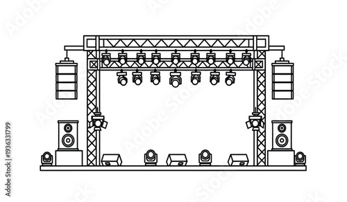 A detailed technical drawing of a stage setup with speakers and lighting equipment