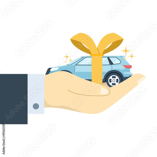 Flat vector illustration of man giving car gift with yellow ribbon, celebration, automotive present, gift concept, modern flat design for stock, special occasion, and surprise concept.
