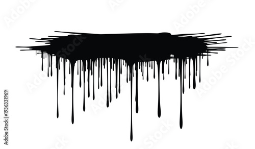 Black paint dripping down from a horizontal line on a with streaks and splatters