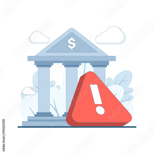 Vector illustration of bank with warning exclamation mark, financial trouble, bankruptcy, negative reputation, economic risk, and modern flat design for finance and business.