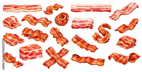 A charming watercolor collection of crispy bacon strips and bacon slices for breakfast food illustrations and menu design.