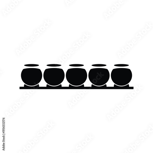 Five black coffee cups arranged in a row on a white background isolated on white background, Vector, illustration