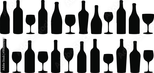 Wine Bottle and Glass Silhouette Set, Black Vector Icons for Bar and Restaurant Design