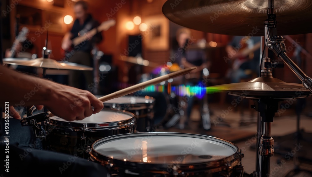 Fototapeta premium Details of a drummer's hands performing in a studio rehearsal, showcasing teamwork and music practice