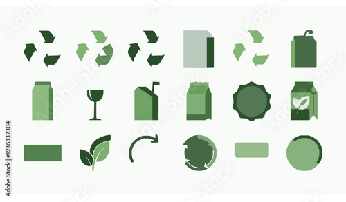 Flat recycle icon set with eco, compost, and sustainability symbols vector EPS10 isolated on white background