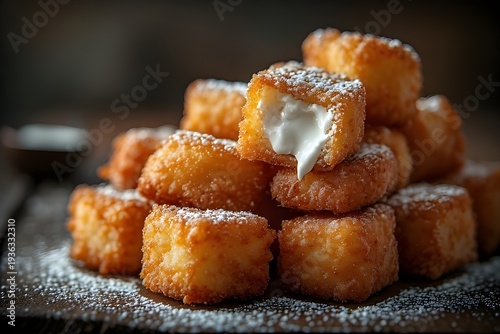 deep fried marshmallows on a dark rustic wooden table