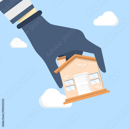 Flat vector illustration of thief hands in black gloves stealing house, property theft and burglary concept, robber breaking into home, modern flat design isolated on simple background.