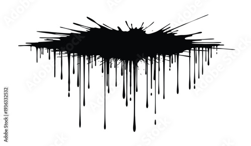Black paint splatter with drips on a, creating a dynamic abstract art piece with bold brushstrokes and texture