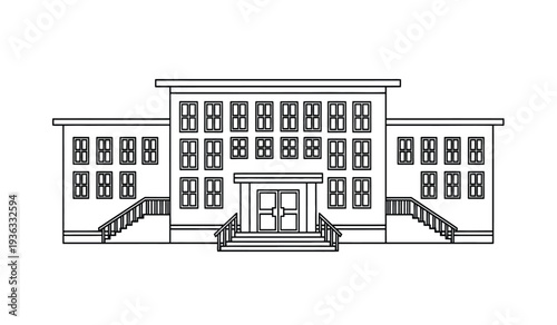 A detailed architectural drawing of a large building with multiple windows and staircases on both sides