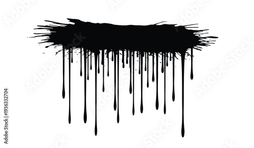 Black paint splatter dripping down on isolated with messy streaks and droplets