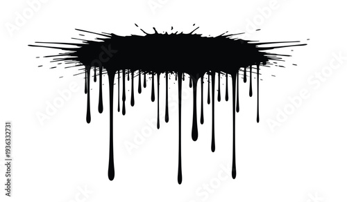 Black paint splatter dripping down on isolated with dynamic ink drops and splashes