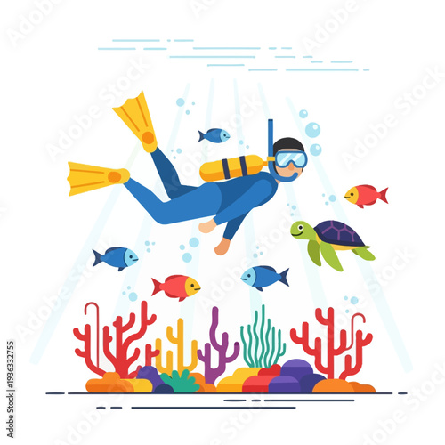 Scuba Diver Exploring Vibrant Coral Reef with Turtle and Fish