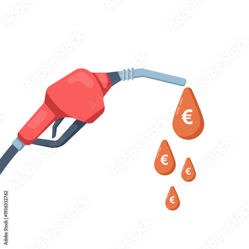 Flat vector illustration of gas fuel pump with yellow drop and euro symbol, fuel cost, energy expense, gas station concept, modern flat design for finance and energy industry.