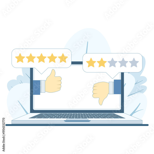 Vector of computer laptop with online review, thumbs up gesture, rating stars, like and dislike symbols, feedback and voting, modern flat vector design for digital reviews and rating concept.
