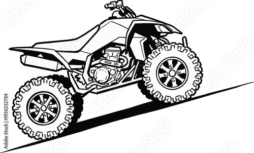 All terrain vehicle ATV on slope, black and white vector illustration of off road quad bike with rugged tires