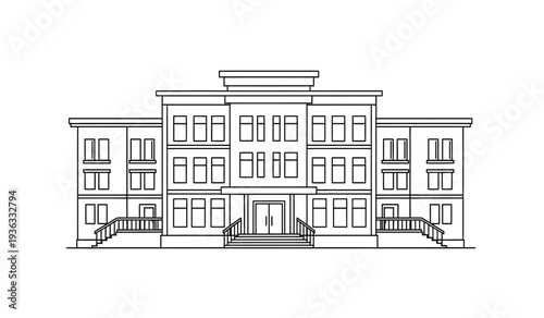 Architectural drawing of a large building with multiple windows and balconies