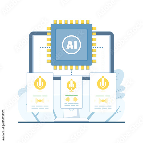 Flat vector illustration of AI using voice changing software on laptop, audio editing, digital voice modulation, modern flat design for technology, software, and AI concept.