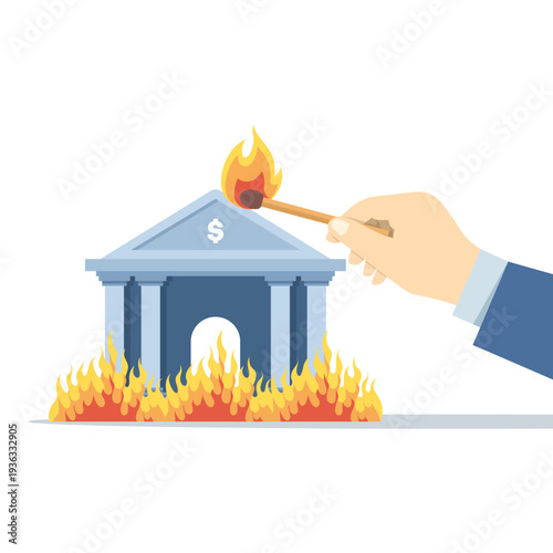 Flat vector illustration of bank on fire, businessmen causing strong fire, hot deals, financial crisis, investment loss, profit and loss, deflation, inflation, business risk concept.