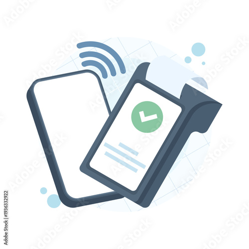 Vector illustration of mobile payments with smartphone terminal, NFC technology, online banking, digital transactions, modern flat design for fintech and payment solutions.
