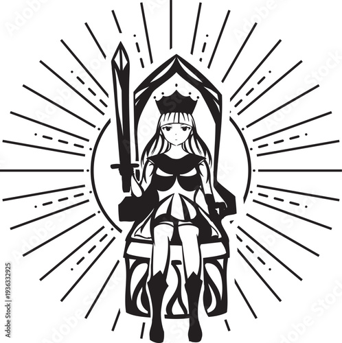 剣を持つ女帝の線画タトゥーイラスト