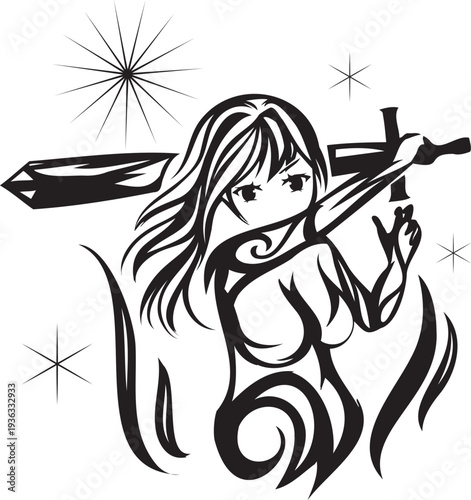 剣士と太陽のトライバル風女剣士のアートイラスト