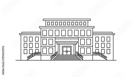 A large building with many windows and a staircase leading to the entrance