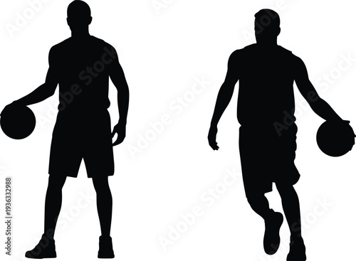 Basketball player silhouette set, male athlete dribbling ball vector illustration, sport action pose isolated on white background