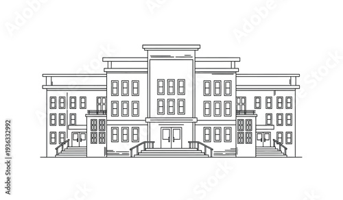 Architectural drawing of a large building with many windows and a flat roof