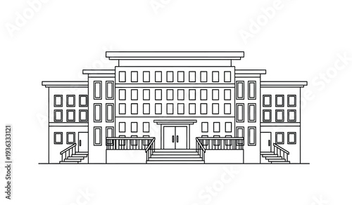 A large building with many windows and a staircase on either side