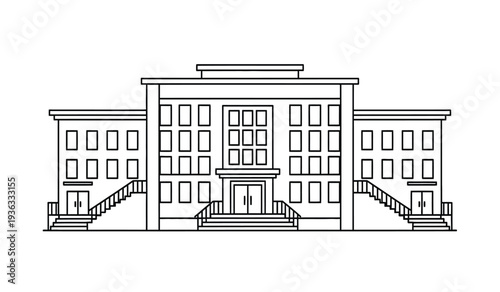 A large building with many windows and stairs on either side in a simple line drawing style
