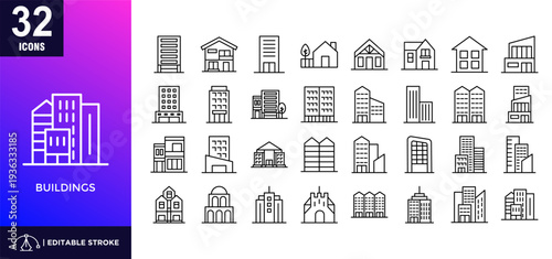 Set of 32 Buildings icons in lineal style.
