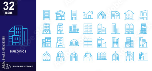 Set of 32 Buildings icons in line blue style.