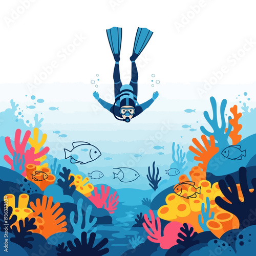 Scuba diver exploring vibrant coral reef with colorful fish underwater