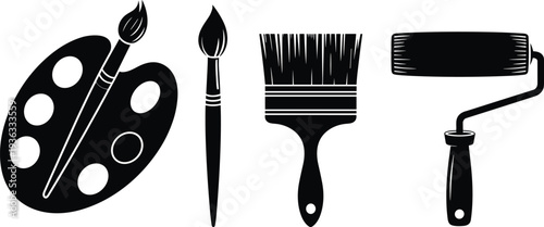 Black silhouette set of professional art tools featuring painter palette with brush, fine detail paintbrush, wide wall brush, and paint roller vector illustration.