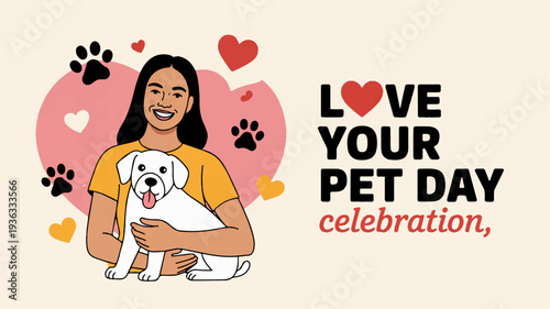 Woman hugging white dog love your pet day celebration pink hearts paw prints