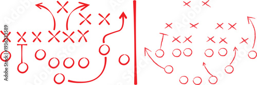 Detailed hand drawn illustration depicting two different opposing offensive and defensive formations in American football strategy.