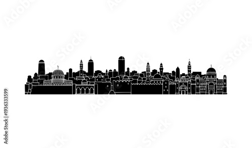 Jerusalem city landmarks silhouette set with famous historic architecture skyline isolated on white background