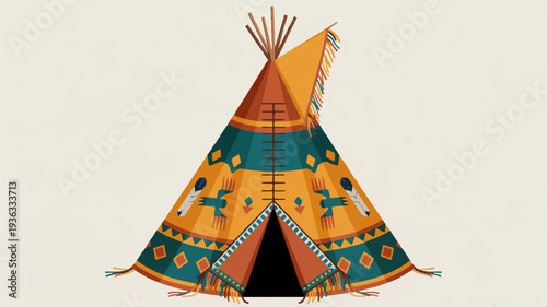 Vibrant orange and blue native american teepee with tribal patterns on a plain background