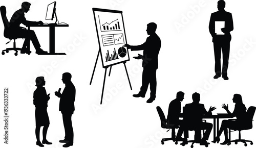 Business people silhouette set, office teamwork meeting presentation and analysis concept, corporate professionals vector illustration isolated on white background
