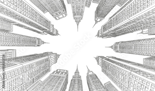 Black and white illustration of a cityscape with skyscrapers radiating outwards from a central point