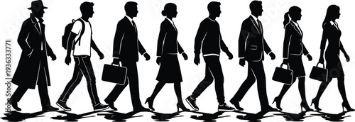 Business people walking silhouettes set, black vector illustration of diverse professionals in motion isolated on white background