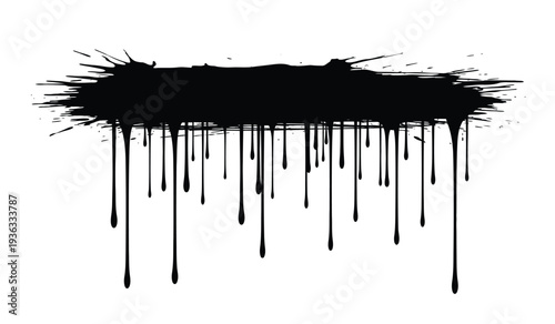 Black paint splatter dripping down on isolated with ink drops and smudges