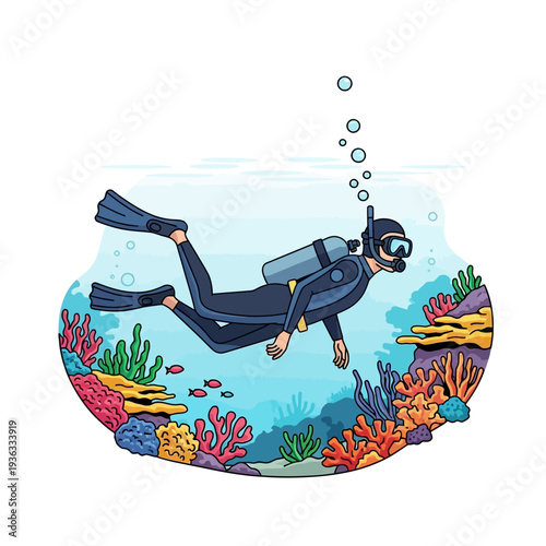 Scuba diver exploring vibrant coral reef with colorful marine life and bubbles