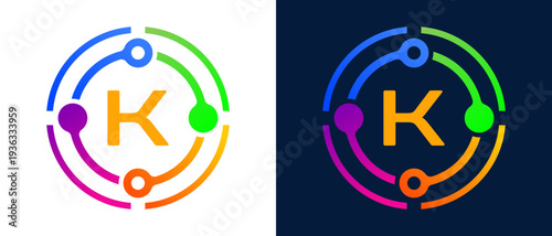 Modern letter “K” logo with colorful circular connection elements, representing digital technology, network connectivity, innovation, and smart systems.