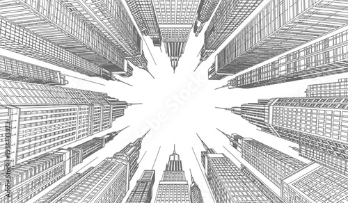 A black and white illustration of a comic book style explosion in a cityscape with tall buildings radiating from the center point
