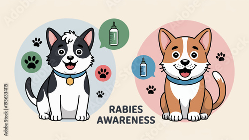Cartoon dogs with rabies awareness symbols and paw prints on colored backgrounds