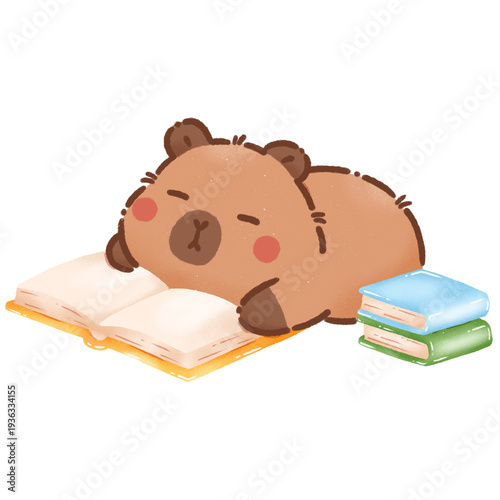 Cute cartoon capybara sleeping on open book with colorful stacked books nearby, conveying sense of relaxation and comfort