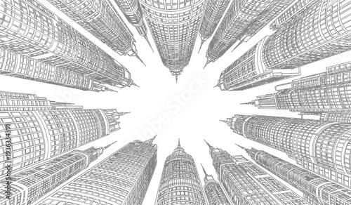 Black and white illustration of a dynamic cityscape with skyscrapers radiating from a central point